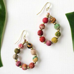 Fair Trade Teardrop Earrings Recycled Kantha Fabric Beads Boho Hand Crafted Made